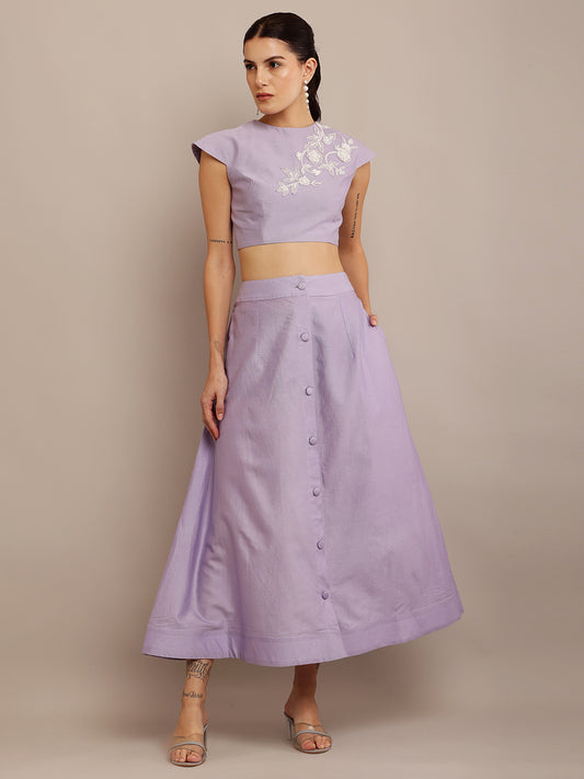 White Floral Lilac Top & Skirt