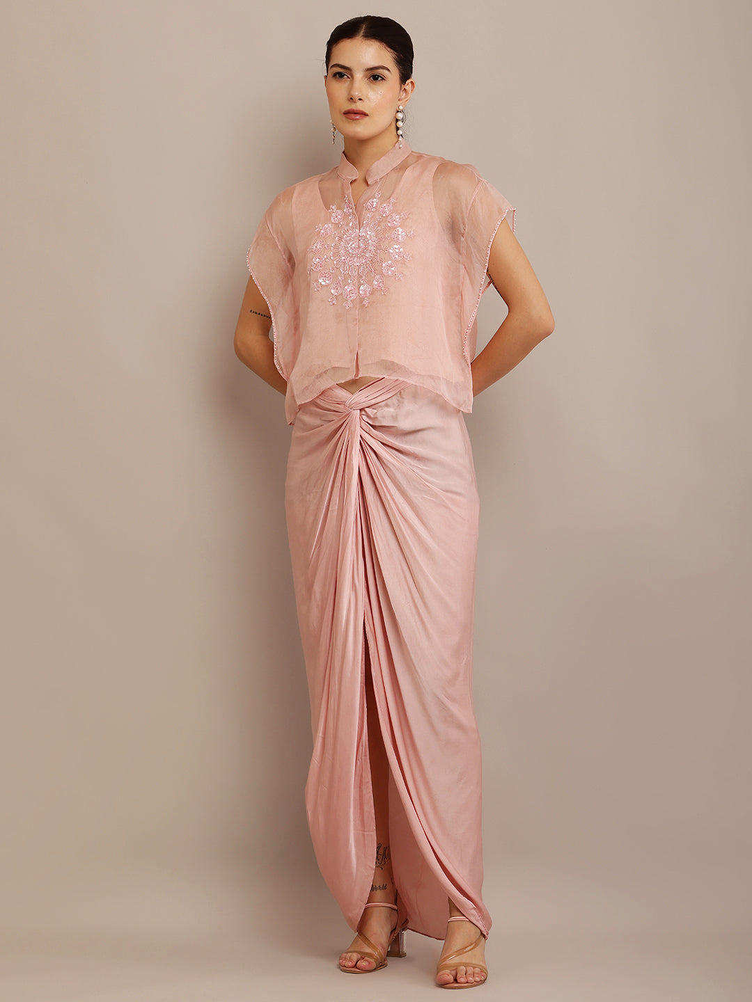 Pink Organza Kaft Top & Pink Drape Skirt