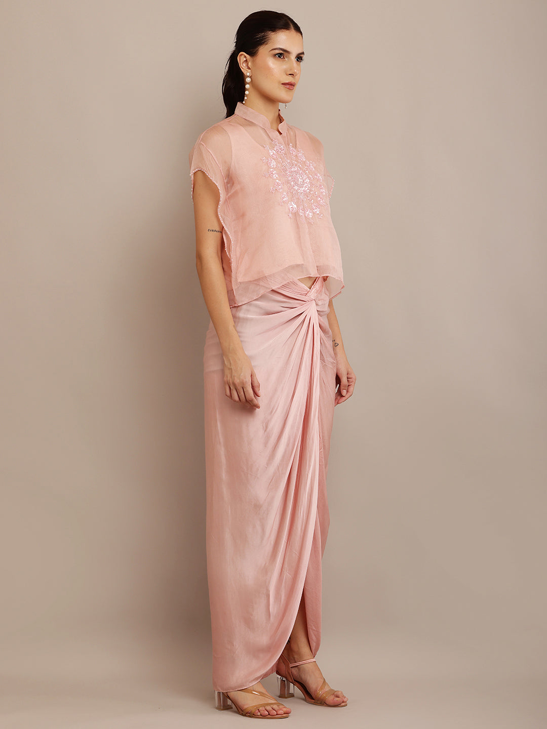 Pink Organza Kaft Top & Pink Drape Skirt