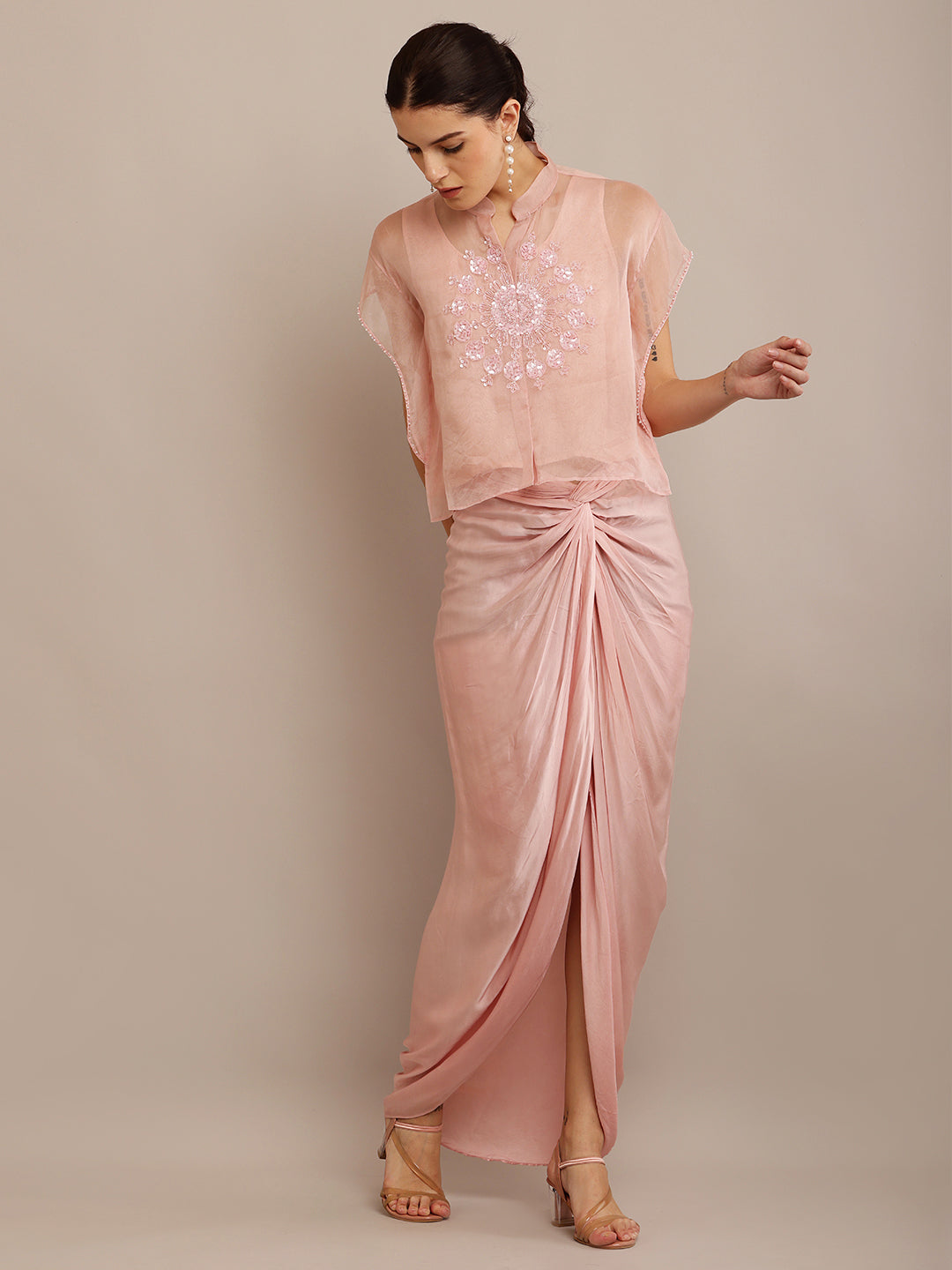 Pink Organza Kaft Top & Pink Drape Skirt