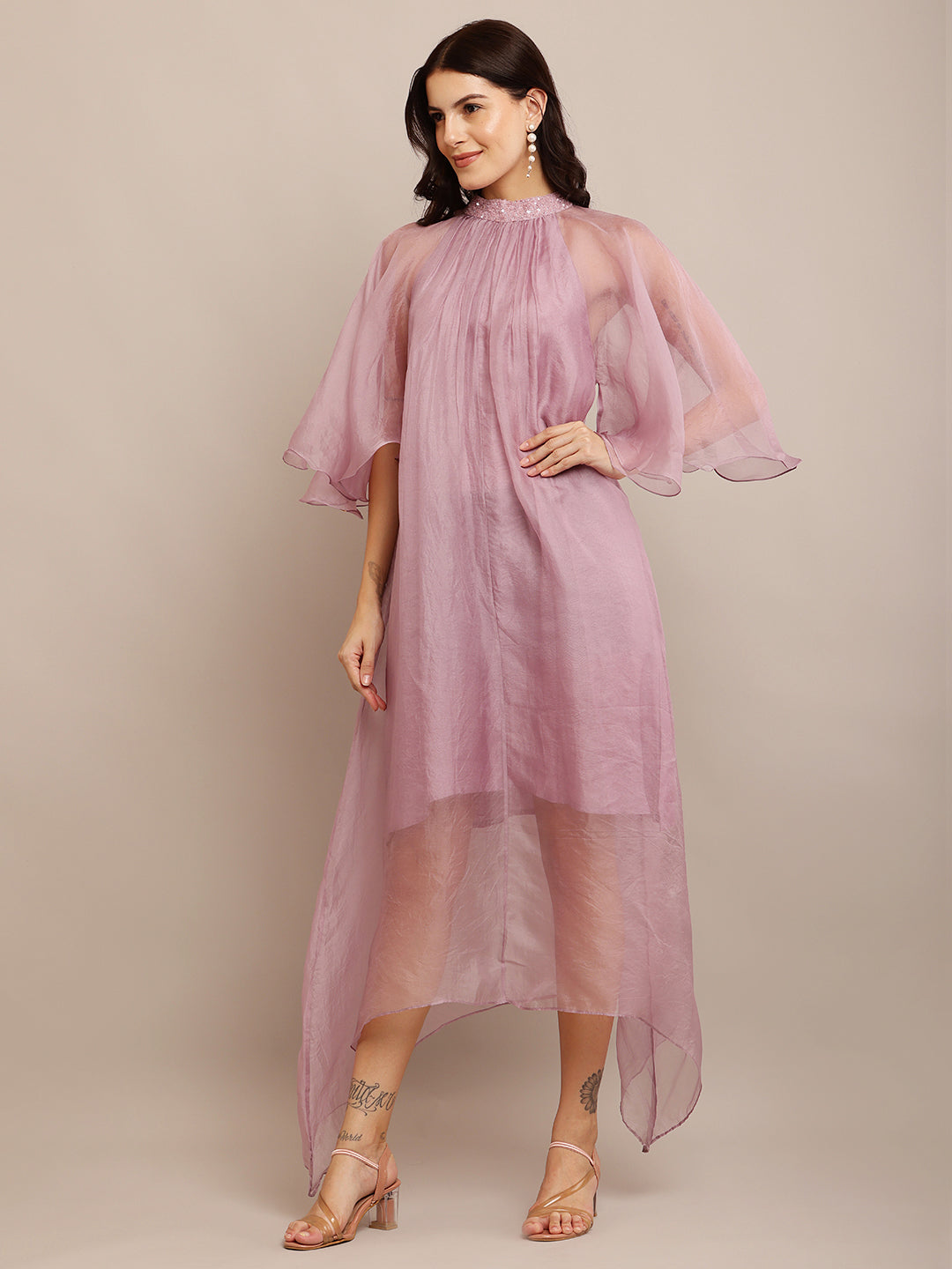 Shade Of Pink Neck Emb Dress