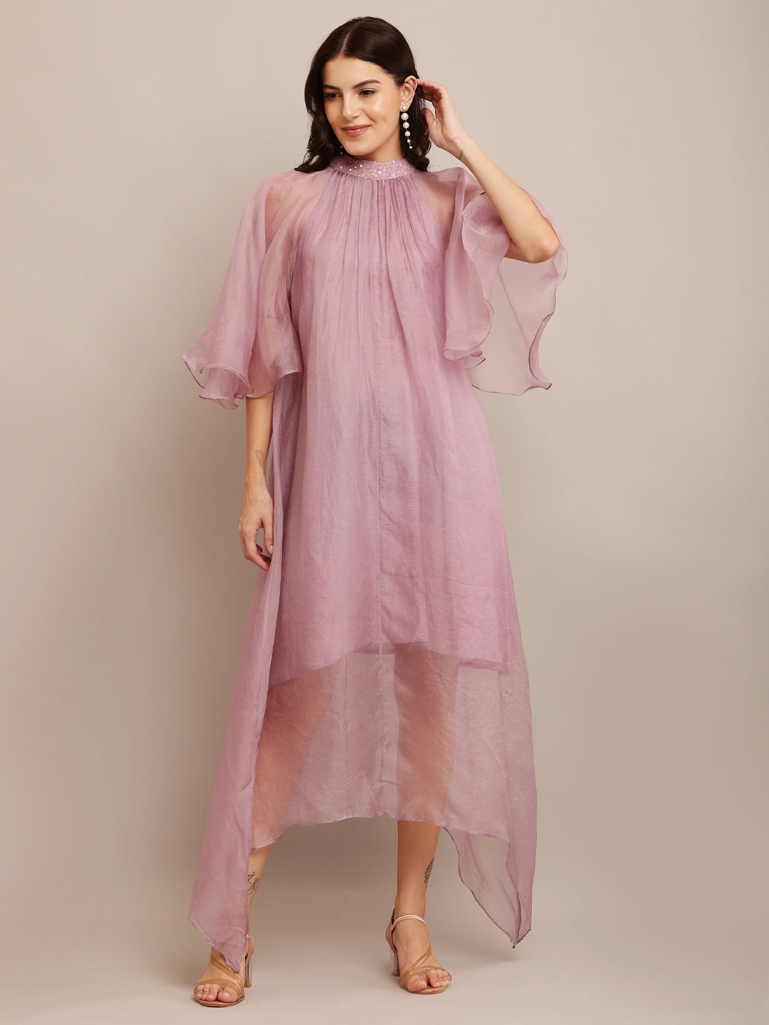 Shade Of Pink Neck Emb Dress