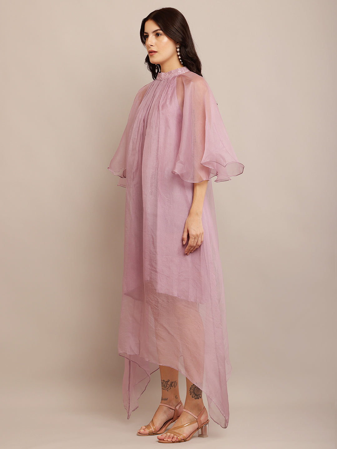 Shade Of Pink Neck Emb Dress