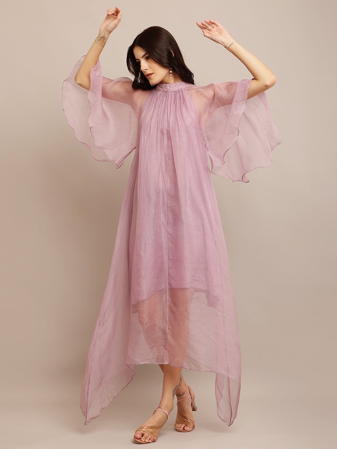 Shade Of Pink Neck Emb Dress