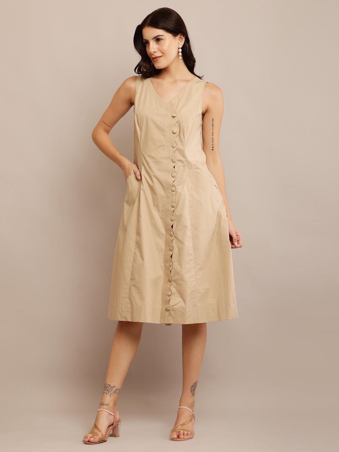 Khaki scallop dress